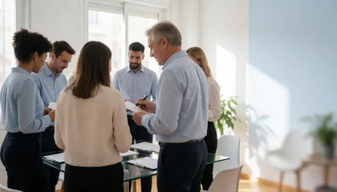 Collaborateurs professionnels discutant lors d'une réunion dans un bureau moderne éclairé par la lumière naturelle.