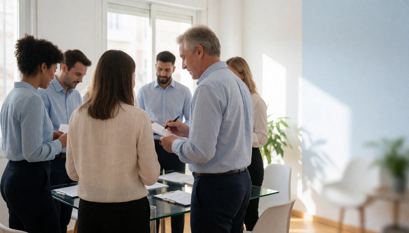Collaborateurs professionnels discutant lors d'une réunion dans un bureau moderne éclairé par la lumière naturelle.