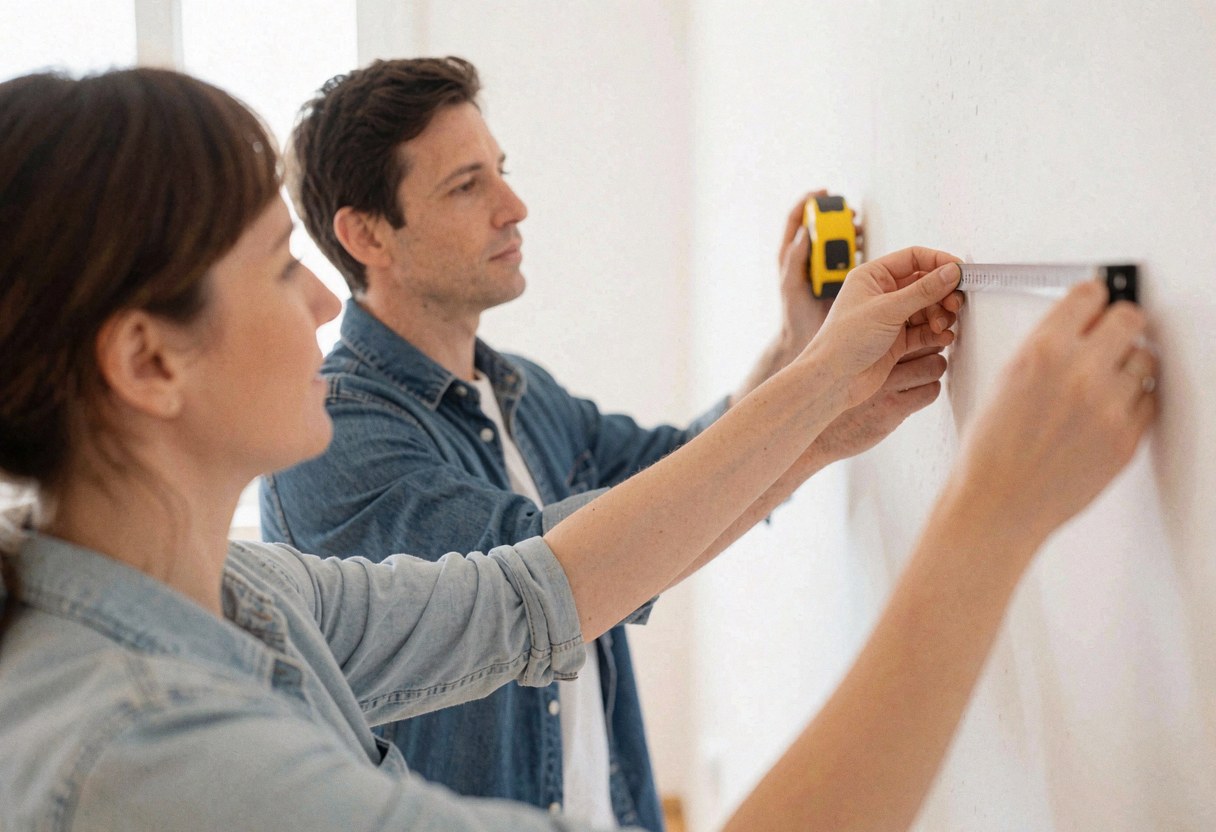 Une designer et un homme mesurent un mur blanc dans un appartement vide avec la lumière du matin, utilisant un mètre ruban jaune, vêtus de jeans.