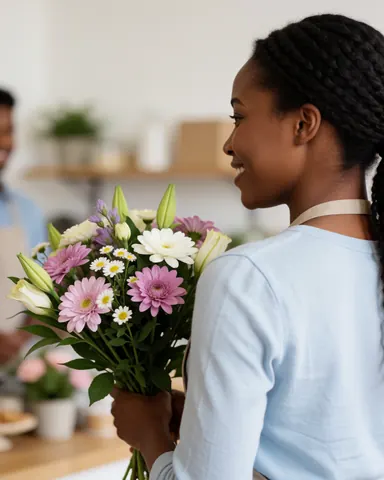 Une cliente heureuse tient un beau bouquet de fleurs dans une boutique de fleuriste.