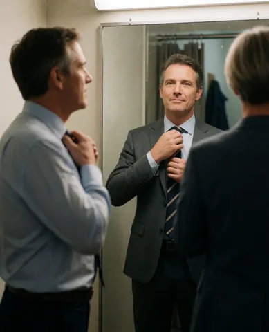 Un client masculin se regarde dans le miroir du vestiaire en essayant un costume neuf pour vérifier l'ajustement.