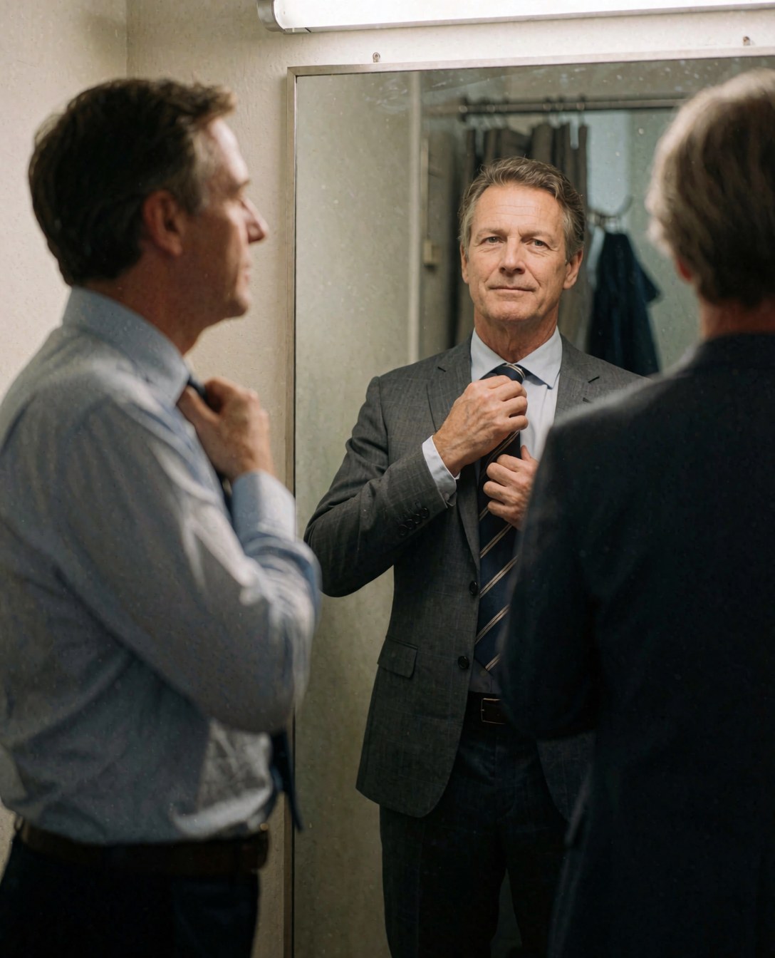 Un client masculin se regarde dans le miroir du vestiaire en essayant un costume neuf pour vérifier l'ajustement.