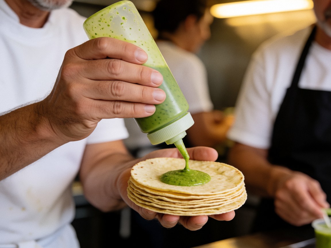 Une main verse de la salsa verte sur des tortillas dans un food truck, avec un fond flou et une ambiance chaleureuse.