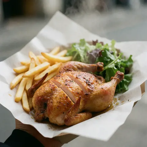 Un plat contenant un poulet rôti entier accompagné de frites croustillantes et d'une petite salade fraîche, le tout disposé sur du papier.