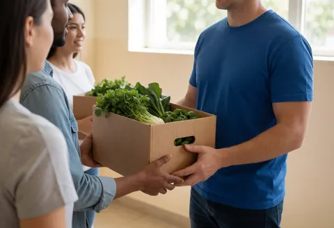 Un volontaire tend une boîte remplie de légumes verts à des personnes en file d'attente dans un centre communautaire, sous une lumière naturelle.