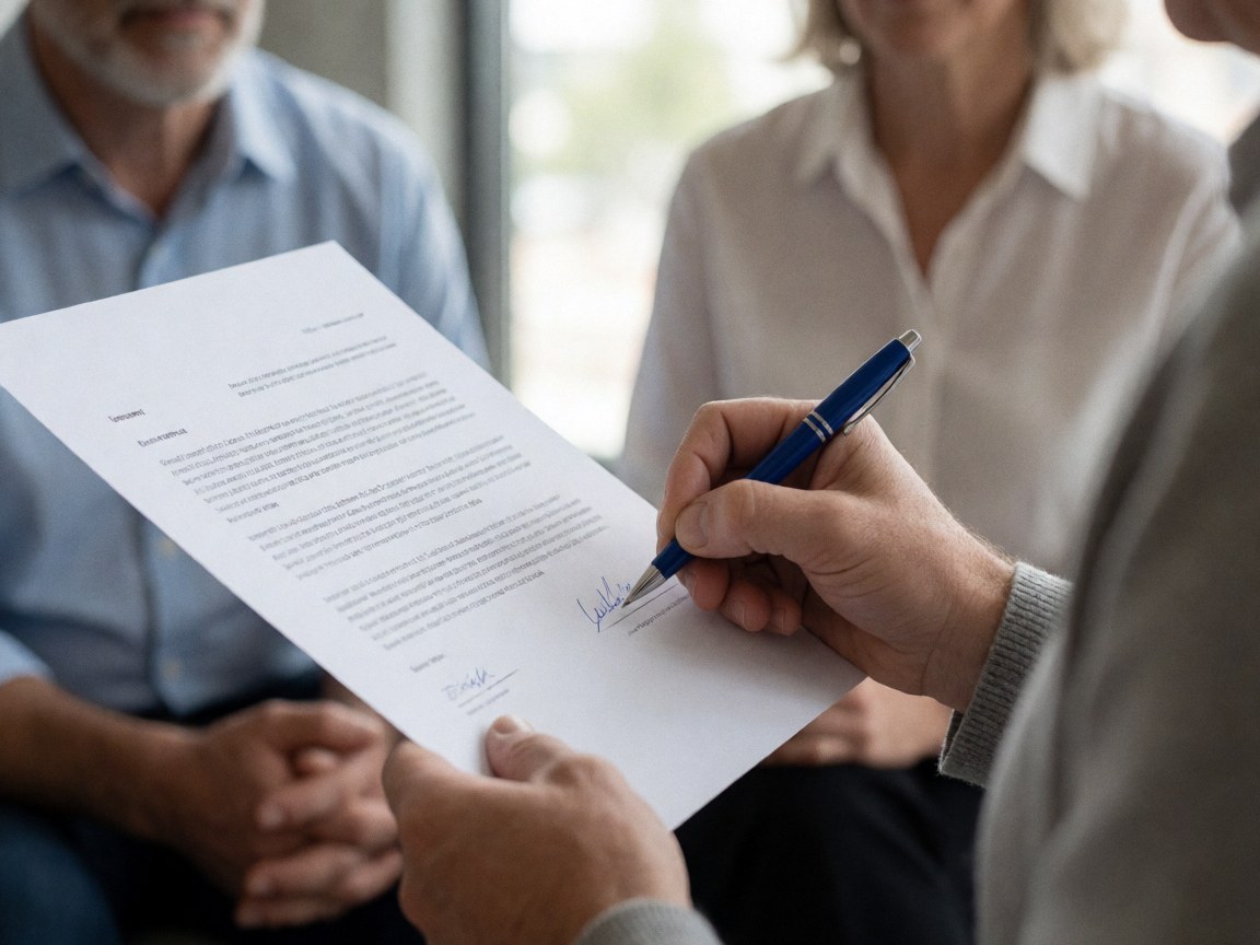 Une main tenant un stylo bleu signe un document blanc posé sur un bureau en bois, symbolisant un accord commercial ou une signature de contrat.