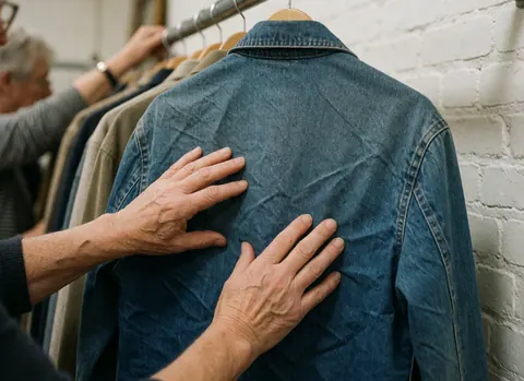 Une main ajuste délicatement le tissu d'une veste en denim posée sur un porte-vêtements, avec un arrière-plan flou de vêtements et un mur de briques blanches.