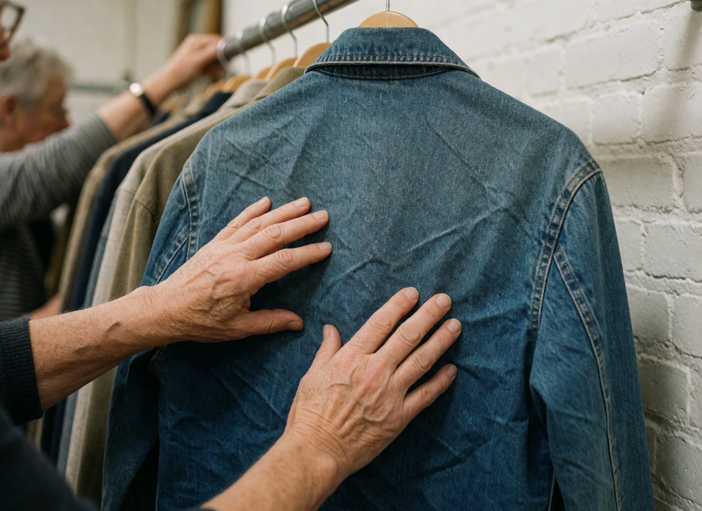 Une main ajuste délicatement le tissu d'une veste en denim posée sur un porte-vêtements, avec un arrière-plan flou de vêtements et un mur de briques blanches.