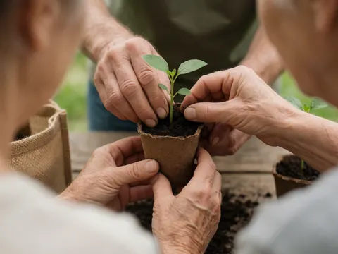 Des mains en train de planter délicatement des graines locales dans un petit récipient en bois, symbolisant le soin de la nature et l'engagement communautaire.