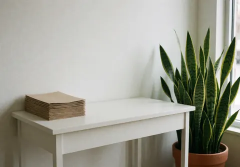 Table blanche minimaliste avec une plante d'intérieur et une pile de brochures, éclairée par la lumière naturelle, idéale pour un cabinet de nutrition.