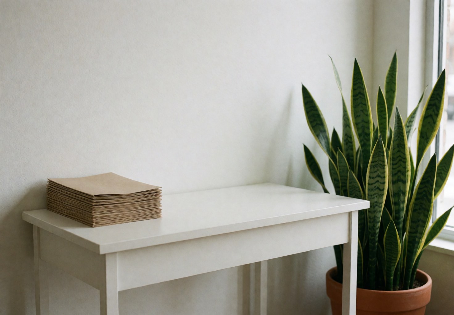 Table blanche minimaliste avec une plante d'intérieur et une pile de brochures, éclairée par la lumière naturelle, idéale pour un cabinet de nutrition.