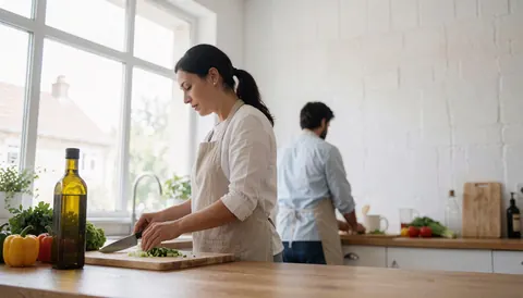 Une nutritionniste coupe des légumes frais dans une cuisine moderne baignée de lumière naturelle près d'une fenêtre, avec un bocal d'huile d'olive et d'autres légumes sur la table.