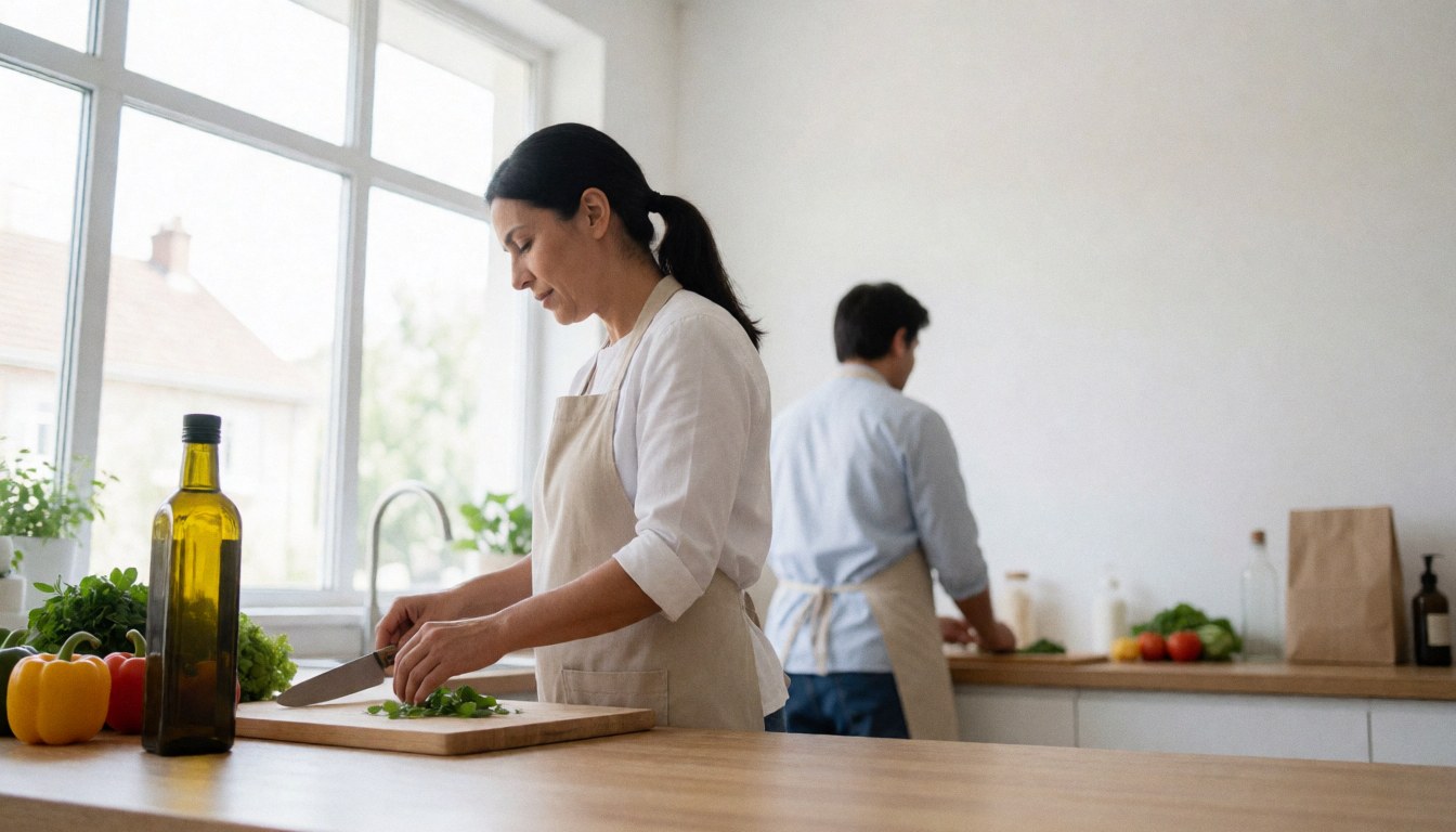 Une nutritionniste coupe des légumes frais dans une cuisine moderne baignée de lumière naturelle près d'une fenêtre, avec un bocal d'huile d'olive et d'autres légumes sur la table.