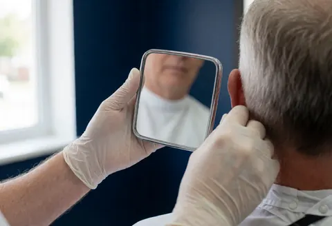 Un barbier professionnel effectue l'inspection finale d'une coupe de cheveux masculine après le service.