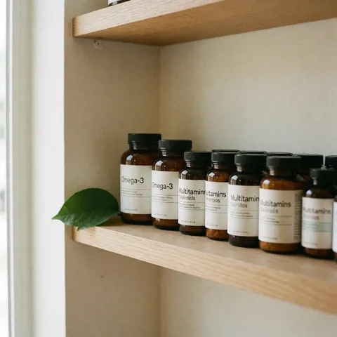 Bouteilles de suppléments oméga-3 et multivitamines disposées sur une étagère en bois avec une feuille verte et une lumière naturelle évoquant la santé.