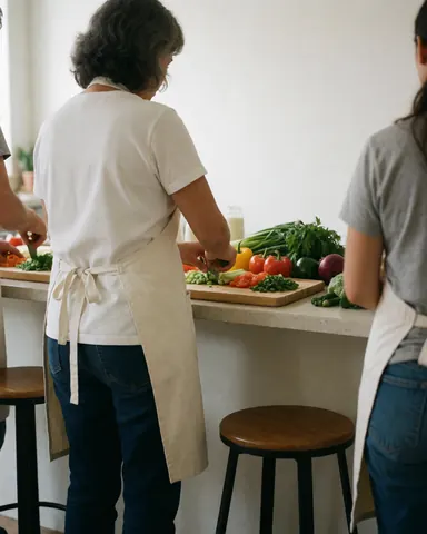 Une nutritionniste coupe des légumes frais sur une planche à découper dans une cuisine moderne avec lumière naturelle.