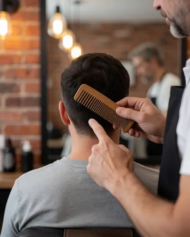 Un barbier professionnel tient un peigne en bois tout en coupant les cheveux d'un client assis, dans un salon avec un mur de briques et des lumières chaudes.