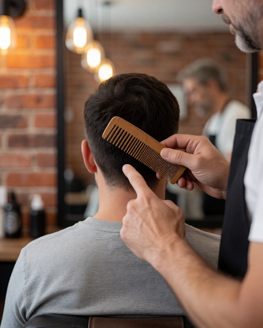 Un barbier professionnel tient un peigne en bois tout en coupant les cheveux d'un client assis, dans un salon avec un mur de briques et des lumières chaudes.