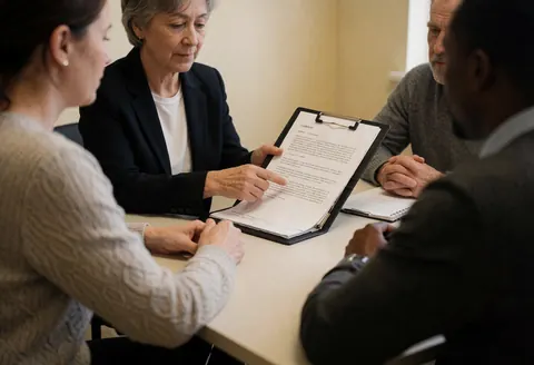 Un planificateur en blazer noir examine un document sur une tablette pendant qu'un autre participant écoute attentivement dans un bureau lumineux.