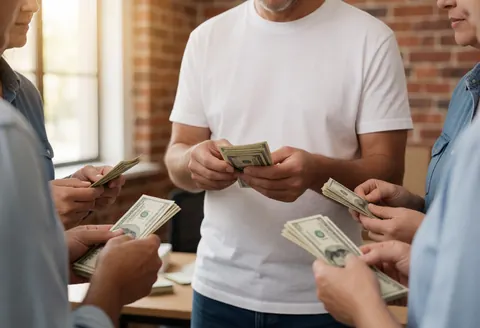 Des volontaires comptent des billets de banque dans un bureau aux murs de briques, baigné de lumière naturelle, illustrant le service en action.