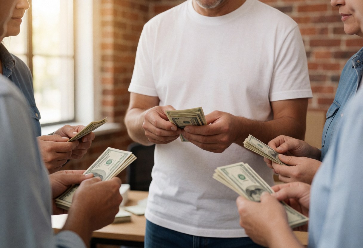 Des volontaires comptent des billets de banque dans un bureau aux murs de briques, baigné de lumière naturelle, illustrant le service en action.