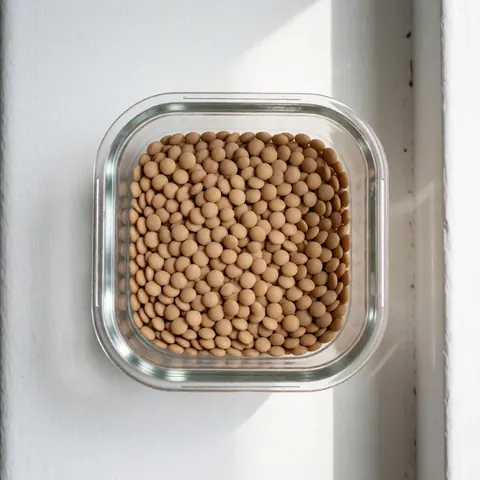 Des lentilles brunes séchées placées dans un bocal en verre transparent posé sur une surface blanche, éclairage naturel, idéal pour illustrer la nutrition et la santé.