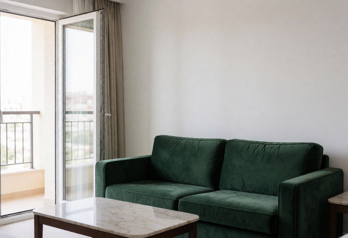 Un salon d'hôtel élégant et vide, doté d'un canapé vert, d'une table en marbre blanc et offrant une vue dégagée sur un balcon.