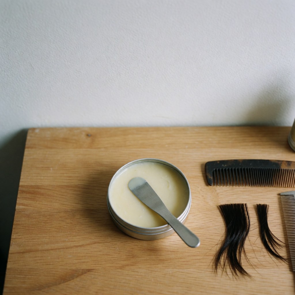 Un pot de pomade mate pour cheveux avec un pinceau en bois posé dessus, sur une surface en bois.