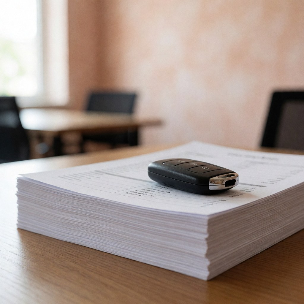 Une clé de voiture noire posée sur une pile de documents imprimés sur un bureau en bois avec un fond flou.