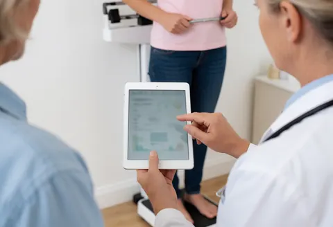 Un nutritionniste montre des données sur une tablette à un client qui se pèse sur une balance dans un cadre clinique de santé.
