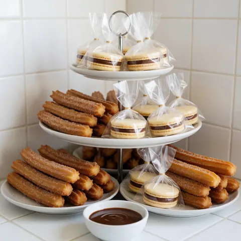 Des churros dorés saupoudrés de sucre et des alfajores enrobés de chocolat dans du cellophane, disposés sur un plateau en céramique à trois niveaux posé sur une table de cuisine blanche.