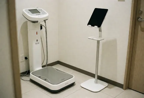 Espace clinique confortable avec balance d'impédance bioélectrique et support pour tablette, idéal pour les cabinets de nutrition. Murs blancs, sol en céramique, ambiance propre et professionnelle.