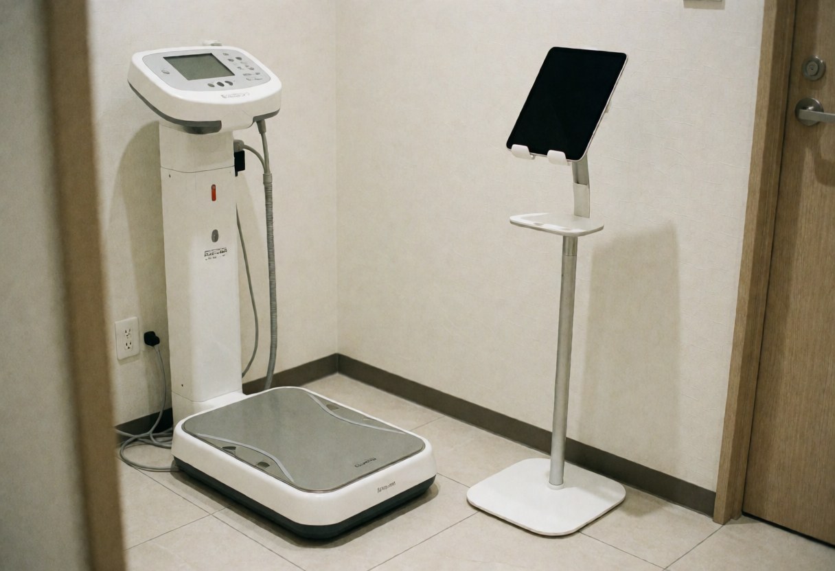 Espace clinique confortable avec balance d'impédance bioélectrique et support pour tablette, idéal pour les cabinets de nutrition. Murs blancs, sol en céramique, ambiance propre et professionnelle.