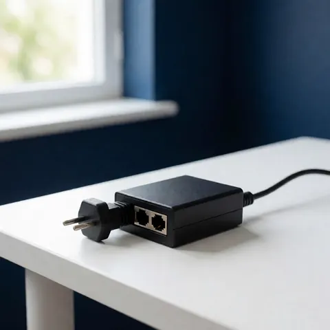 Un injecteur PoE posé sur une surface de bureau, connecté à des câbles réseau pour la transmission de données.
