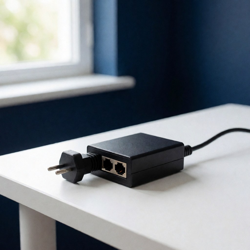 Un injecteur PoE posé sur une surface de bureau, connecté à des câbles réseau pour la transmission de données.