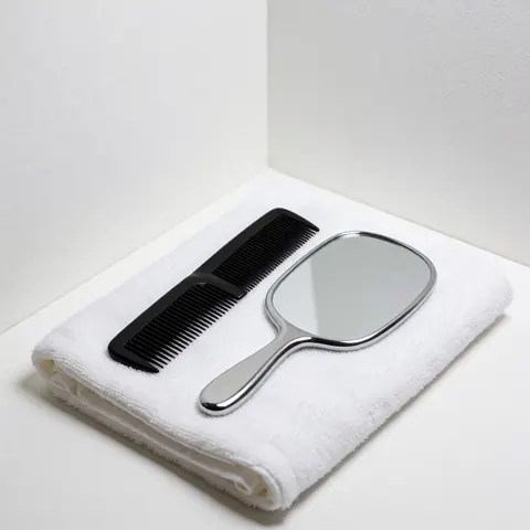 Un peigne noir et un petit miroir à main argenté posés sur une serviette blanche, dans un coin lumineux, idéal pour une boutique de barbier ou un salon de coiffure professionnel.