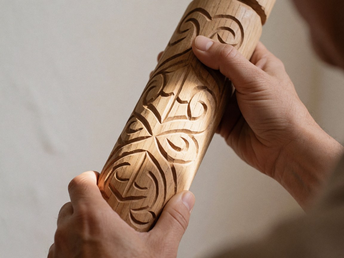 Gros plan montrant un motif traditionnel gravé dans le bois avec une texture visible et des détails fins.