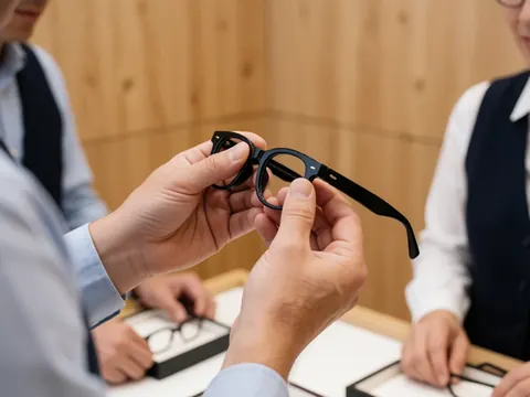 Des mains tenant un cadre de lunettes noir brillant pour en observer la texture et le mécanisme dans une optique aux murs en bois.