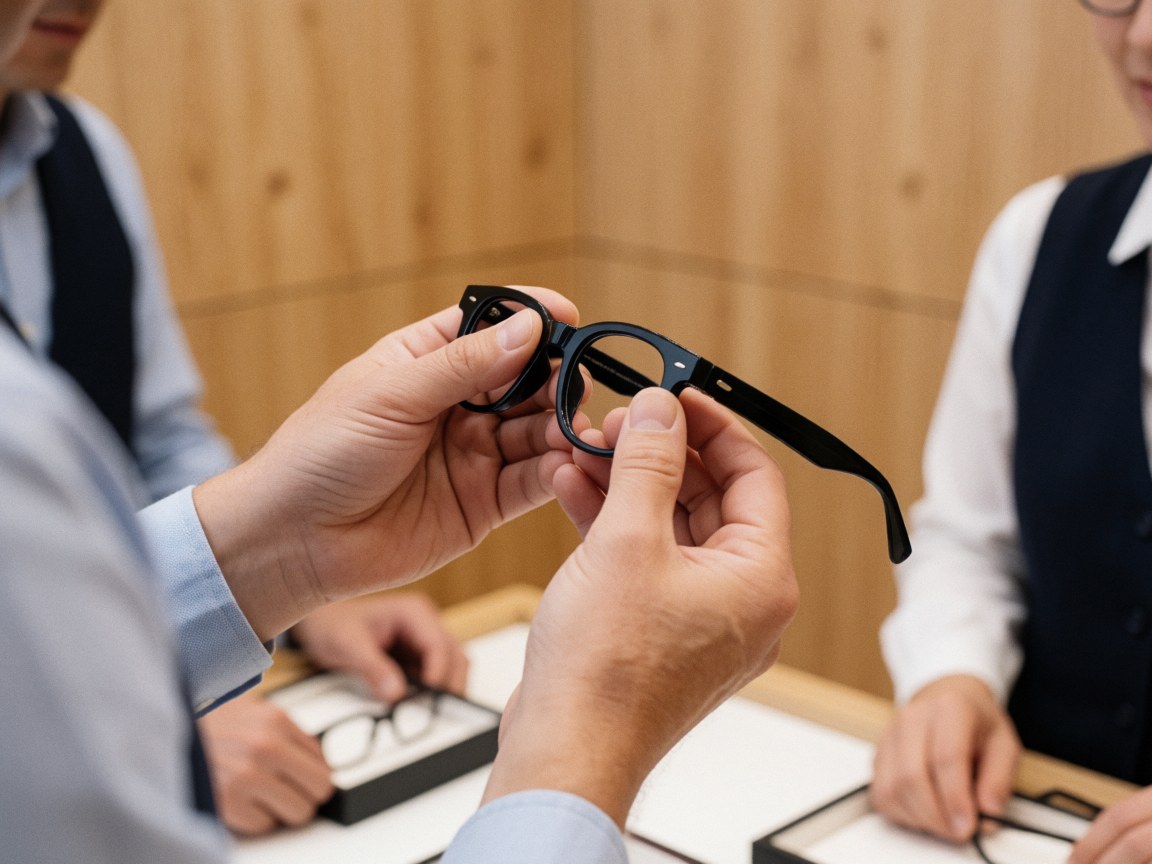 Des mains tenant un cadre de lunettes noir brillant pour en observer la texture et le mécanisme dans une optique aux murs en bois.