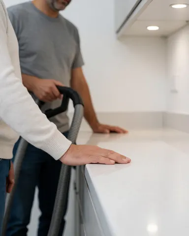 Main d'un client touchant une surface de cuisine polie et brillante, avec un professionnel en arrière-plan, scène propre et satisfaisante.