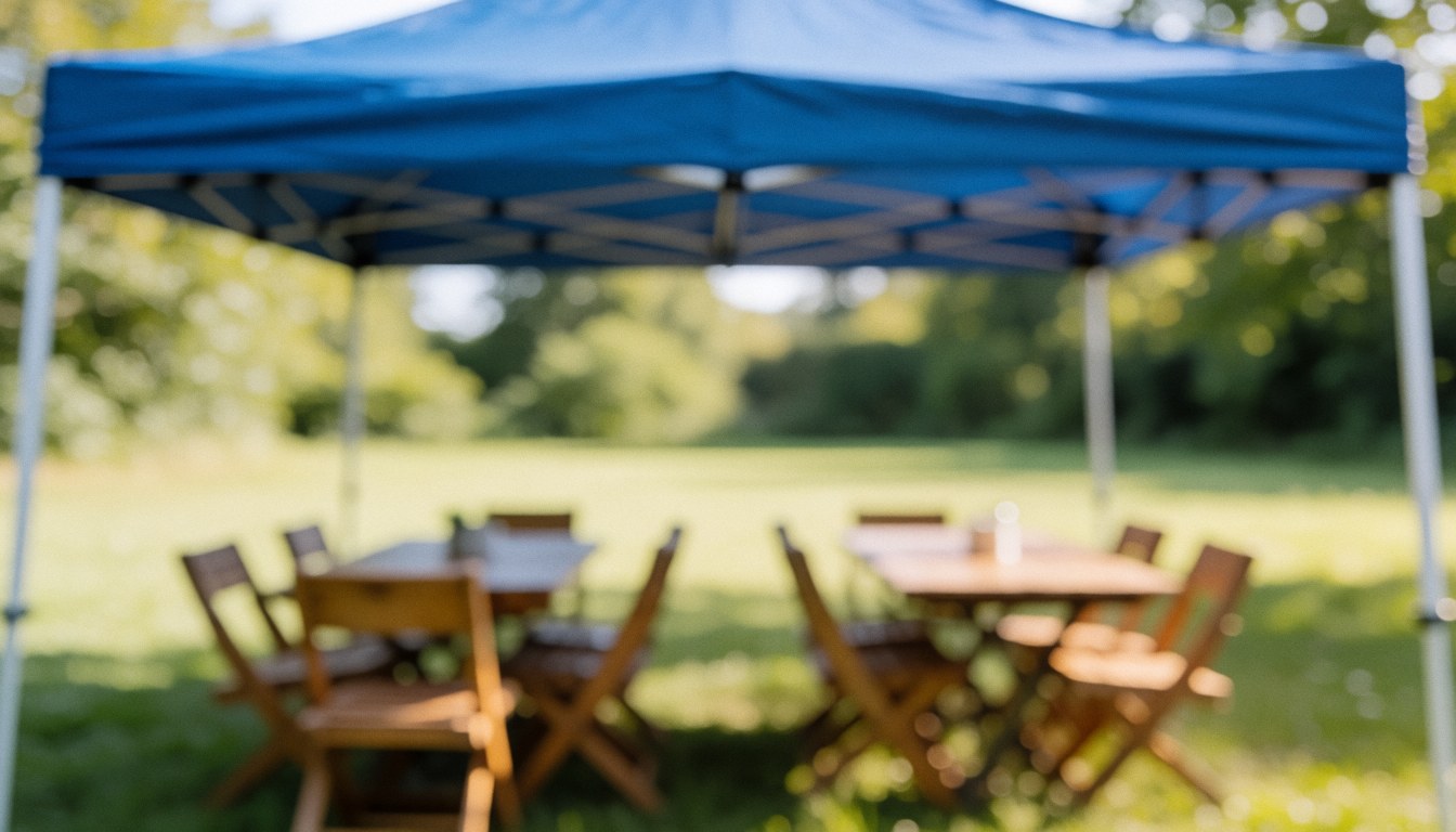 Toit bleu avec tables et chaises en bois sur un champ vert, lumière naturelle, fond flou, idéal pour textes et présentations.
