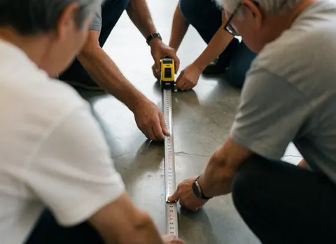 Des professionnels utilisent un mètre ruban sur un sol en béton poli pour préparer un événement, mettant l'accent sur la précision et les outils.