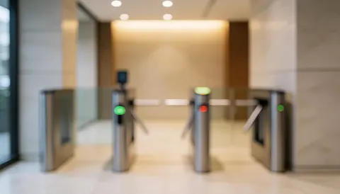 Fond d'entrée de bureau moderne avec tourniquets de sécurité flous, éclairage chaud et neutre, idéal pour textes sur sécurité et contrôle d'accès.