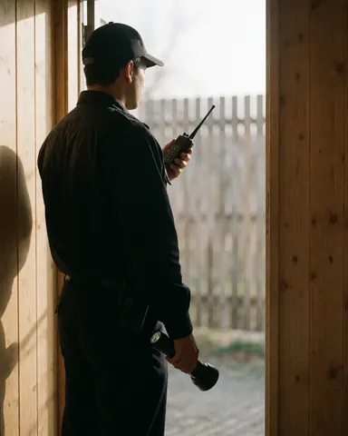 Un agent de sécurité en uniforme avec radio et lampe torche surveille l'extérieur depuis un poste, sous la lumière du matin.