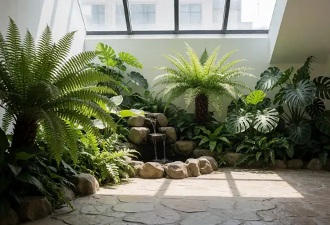 Vue d'un jardin intérieur apaisant avec des plantes vertes, une fontaine en pierre et une architecture lumineuse évoquant la nature.