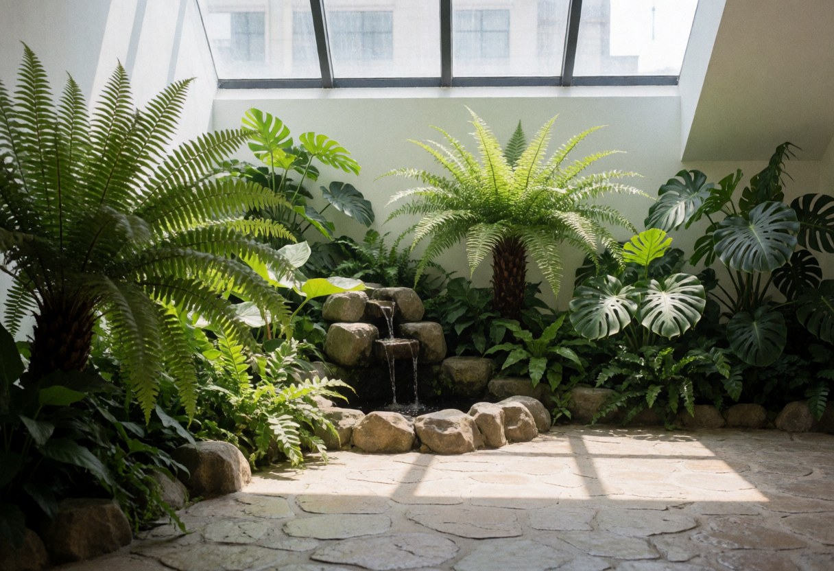 Vue d'un jardin intérieur apaisant avec des plantes vertes, une fontaine en pierre et une architecture lumineuse évoquant la nature.