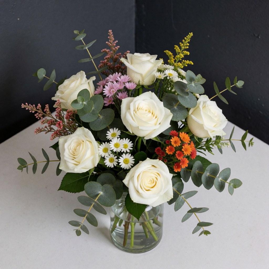 Un centre de table élégant composé de roses blanches et de feuilles d'eucalyptus disposées dans un vase en verre transparent sur une table blanche.