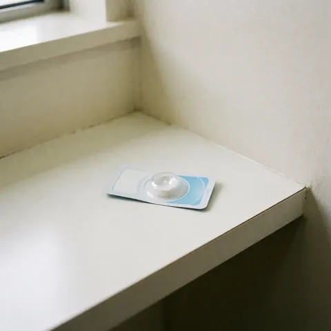 Blister blanc avec détails bleus contenant des lentilles de contact souples, posé sur un comptoir blanc propre éclairé par la lumière naturelle.