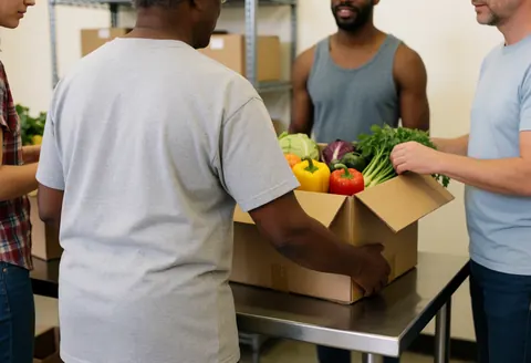 Bénévoles placent des caisses de légumes sur une table métallique dans un entrepôt, avec des étagères industrielles en arrière-plan.
