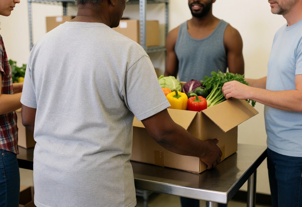Bénévoles placent des caisses de légumes sur une table métallique dans un entrepôt, avec des étagères industrielles en arrière-plan.